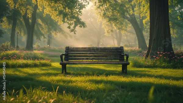 Fototapeta Empty bench inviting to relax in peaceful green park at sunrise