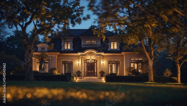 Fototapeta Luxurious house illuminating the night with warm lights and surrounded by trees