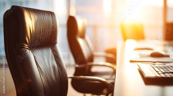 Fototapeta Modern office setting with leather chairs and a glowing sunset, creating a warm, inviting atmosphere