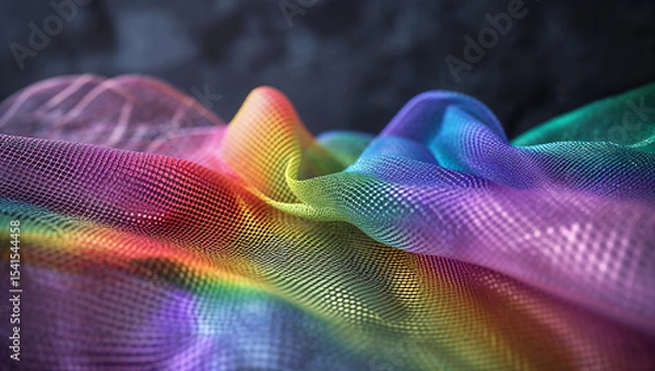 Fototapeta Rainbow colored mesh fabric flowing on dark background