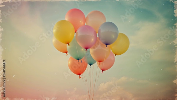 Fototapeta Colorful balloons floating in a retro styled sky