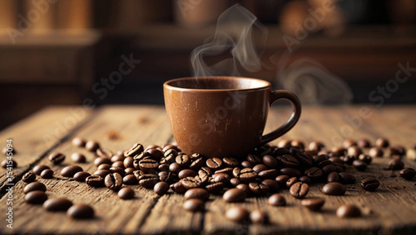 Fototapeta Steaming cup of coffee sitting on roasted coffee beans on rustic wooden table
