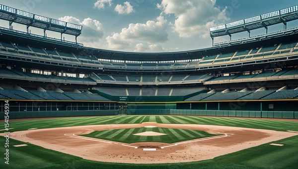 Fototapeta Empty baseball stadium with green grass and seats on a cloudy day