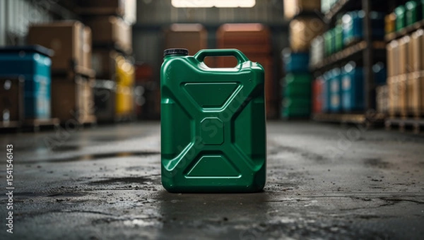 Fototapeta Green jerrycan standing on floor in warehouse with barrels and boxes
