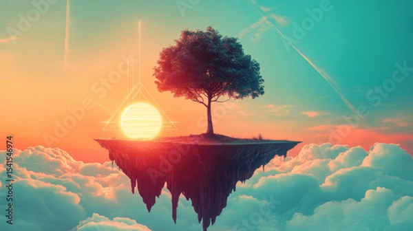 Fototapeta Surreal Floating Island with Tree Above the Clouds