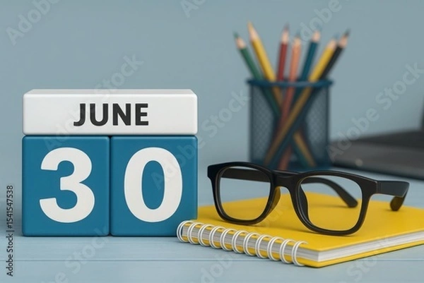 Fototapeta June 30th Date Blocks with Stationery and Eyeglasses on Desk Organizer Schedule Reminder Appointment Planning Time