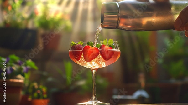 Obraz Refreshing Strawberry Cocktail with Ice and Mint in Sunlit Garden