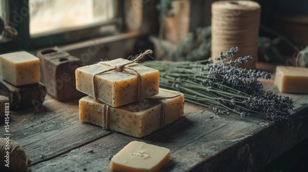 Obraz Handmade Natural Soap Bars with Rustic Lavender and Twine