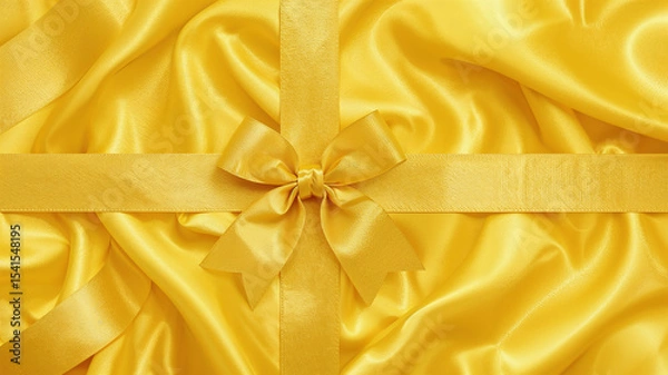 Fototapeta Golden bow and ribbon creating elegant package on silk background