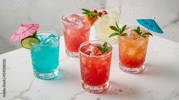 Fototapeta Colorful cocktails sitting on marble table decorated with umbrellas and mint leaves