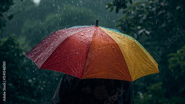 Fototapeta Person holding colorful rainbow umbrella in the rain