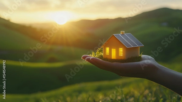 Obraz Hand Holding Tiny Solar-Powered House at Sunset in Nature