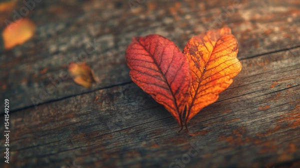 Obraz Autumn Heart-Shaped Leaves on Rustic Wooden Surface