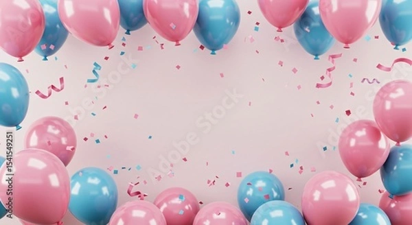 Obraz Pink and blue balloons with scattered confetti on a solid pink background, for a baby shower or gender reveal party.