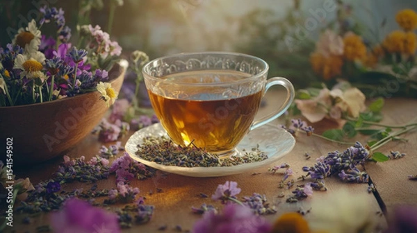 Obraz Herbal Tea with Fresh Lavender and Wildflowers on Wooden Table