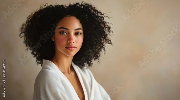Obraz Elegant Woman with Curly Hair in a Soft, Serene Portrait
