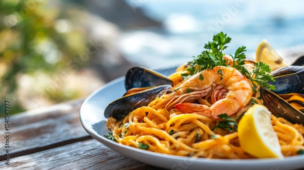 Obraz Fresh Seafood Pasta with Shrimp and Mussels by the Sea