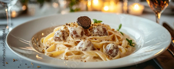 Obraz Gourmet Truffle Pasta with Cream Sauce in Fine Dining Setting