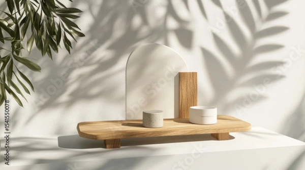 Obraz Minimalist Skincare and Palm Leaf Decor in Sunlight