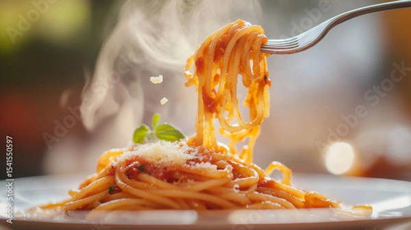 Obraz Steaming Forkful of Spaghetti with Tomato Sauce