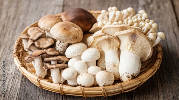 Obraz Assorted Fresh Mushrooms in a Woven Basket on Wooden Table