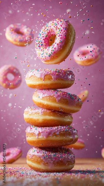 Obraz Stacked Pink and Purple Frosted Donuts with Colorful Sprinkles
