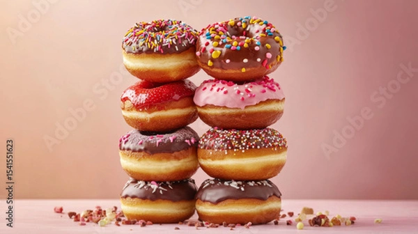 Obraz Stacked Frosted Donuts with Chocolate and Strawberries on Pink