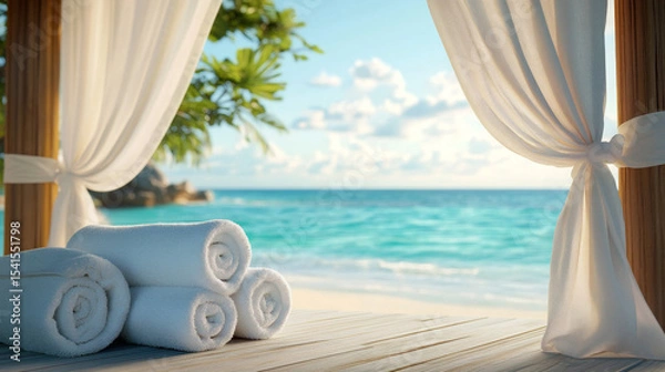 Obraz Luxury Beach Spa Setup with Rolled Towels and Ocean View