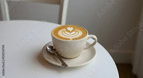 Fototapeta Latte Art Coffee Cup on White Table, Close Up - (Generative AI)