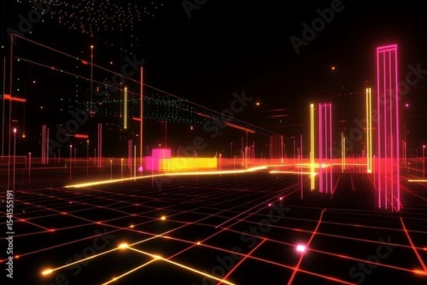 Fototapeta Digital city grid with glowing neon lights, abstract virtual reality landscape background, futuristic design