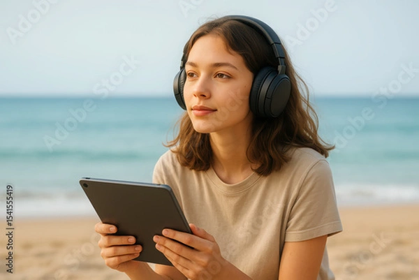 Obraz work and travel lifestyle, Woman listening to music on headphones while relaxing at the beach with a tablet