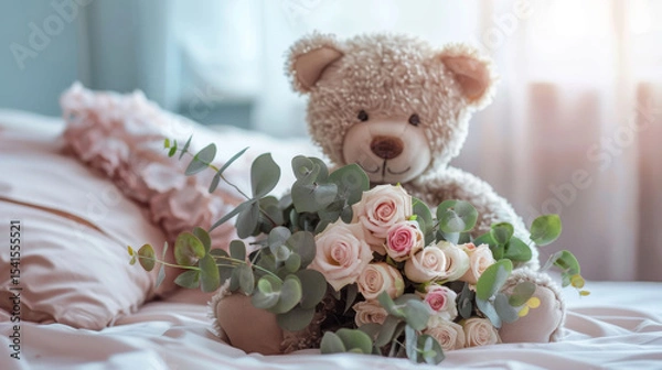 Obraz Roses and eucalyptus in teddy bear's arms, on bed. Simple art brings soft romantic vibes.