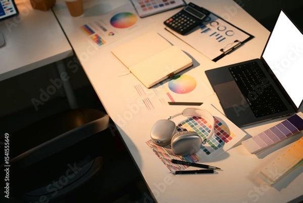 Fototapeta Creative designer workspace with color swatches, color wheel charts, and laptop