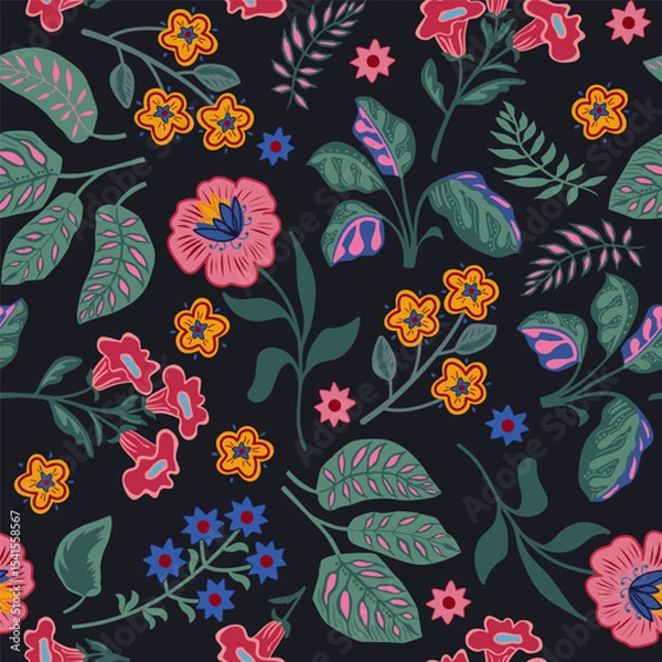 Fototapeta Floral seamless pattern, bright folk flowers on dark background. Calico design for textile printing, paper, wallpaper