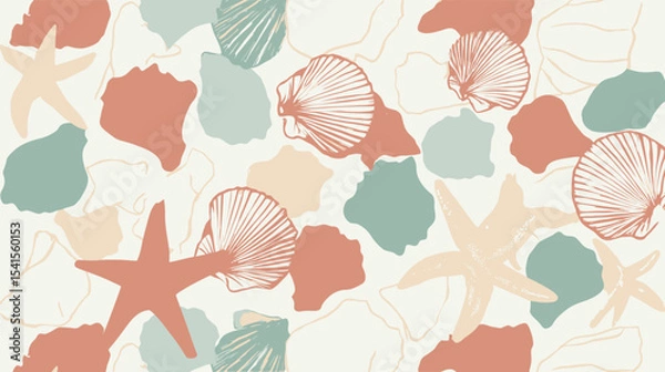 Fototapeta Marine starfish seashells decorate offwhite beach pattern background coastal decor