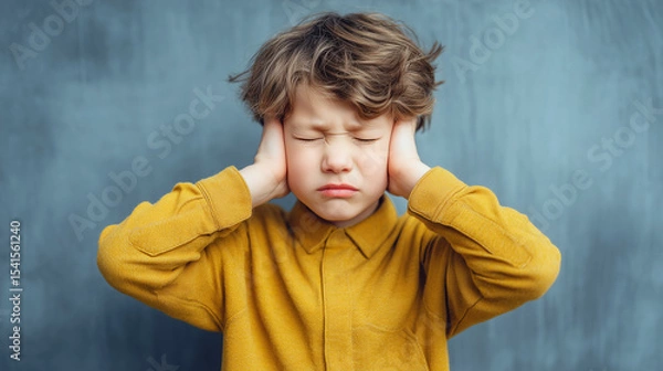 Fototapeta Frustrated stubborn sulky boy child covering ears and refusing to listen