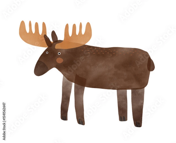 Obraz Nursery Vector Art with Cute Moose. Funny Hand Drawn Print with Cartoon of Moose on a White Background. Woodlan Animal. Infantile Drawing-like Funny Buck. 