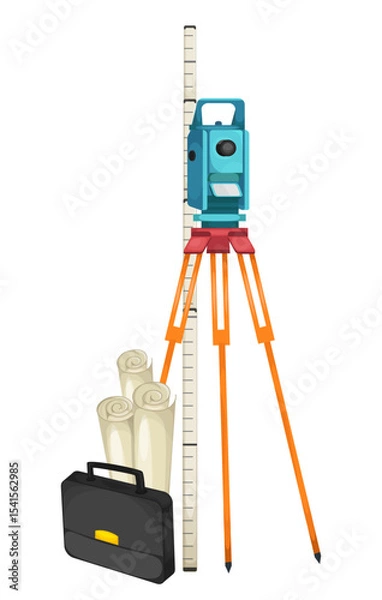 Fototapeta Land surveying tools including a total station on tripod, measuring rod, blueprints, and a briefcase. Vector illustration.
