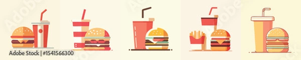 Fototapeta Burger, Soda, and Fries Icon Set – Flat Minimalist Fast Food Vector Collection for Cafe Menu, Restaurant Branding, and Food Delivery App Design