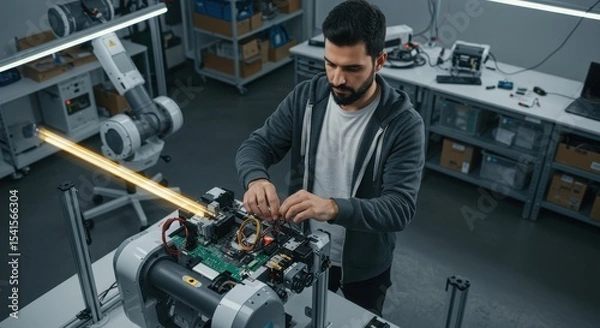 Fototapeta Engineer assembling robotic components in a modern lab with advanced technology and equipment