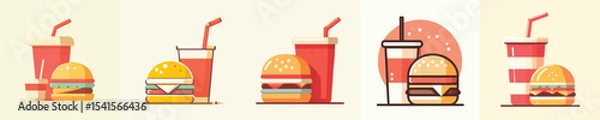 Fototapeta Burger and Soda Icon Set – Flat Minimalist Fast Food Vector Pack for Restaurant Menu, Cafe Branding, and Delivery App Design