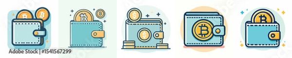 Fototapeta Bitcoin and Digital Wallet Icon Collection – Flat Style Cryptocurrency Finance Symbols