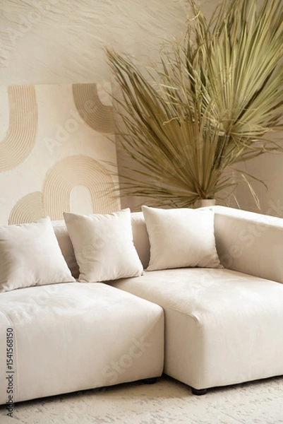 Obraz A spacious living area showcases a contemporary sectional sofa adorned with cushions, complemented by a large dried palm plant in a bright and airy setting.
