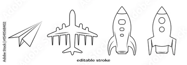 Fototapeta Flying objects outline vector art set. Flight plane, rocket, origami plane icon collection. Travel, transport design to use for tourism, summer holiday, business travel, holiday planning projects. 