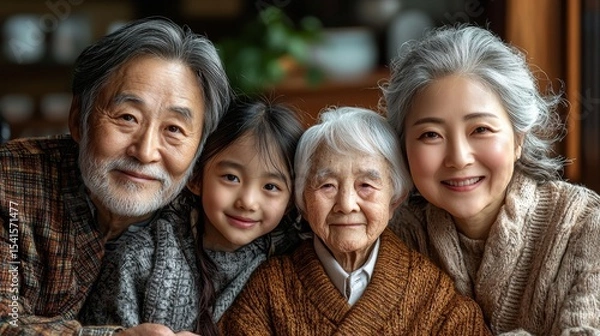 Fototapeta A joyful multigenerational family portrait capturing the warmth of togetherness and love in a cozy, inviting home environment