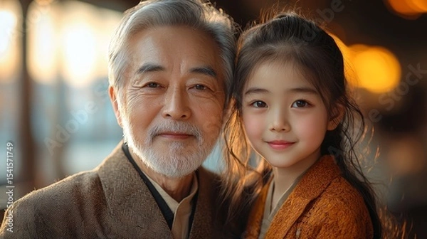 Fototapeta A heartwarming moment between a grandfather and granddaughter, capturing their joyful expressions against a softly blurred background.
