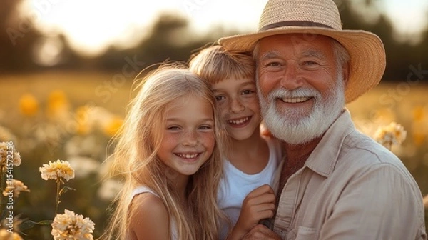 Fototapeta 3d render Grandfather's Joy: Family Portrait in a Sunflower Field AI generative