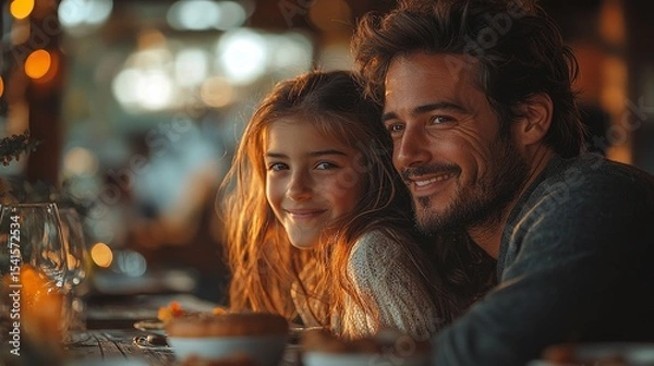 Fototapeta Joyful father-daughter moment in a cozy restaurant during sunset, capturing warmth and connection in a delightful setting.