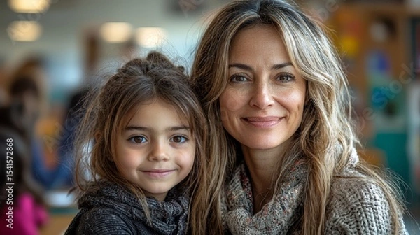 Fototapeta A joyful mother and daughter share a heartwarming moment, smiling together in a bright, cheerful classroom setting filled with colorful art