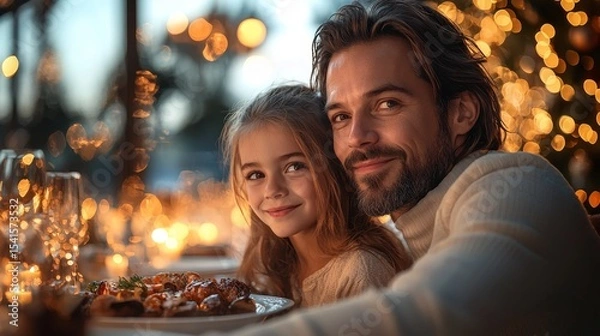 Fototapeta Joyful father and daughter sharing a festive dinner with holiday lights twinkling in the background, capturing the warmth of family connections.